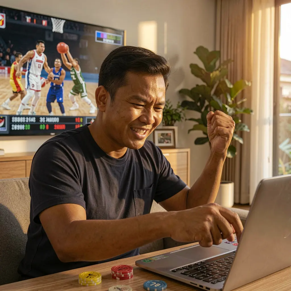 SINA666 – Enjoy exciting online sports betting wins in the Philippines Filipino sports fan celebrating a winning bet placed on a laptop with SINA666 while watching basketball on TV at home