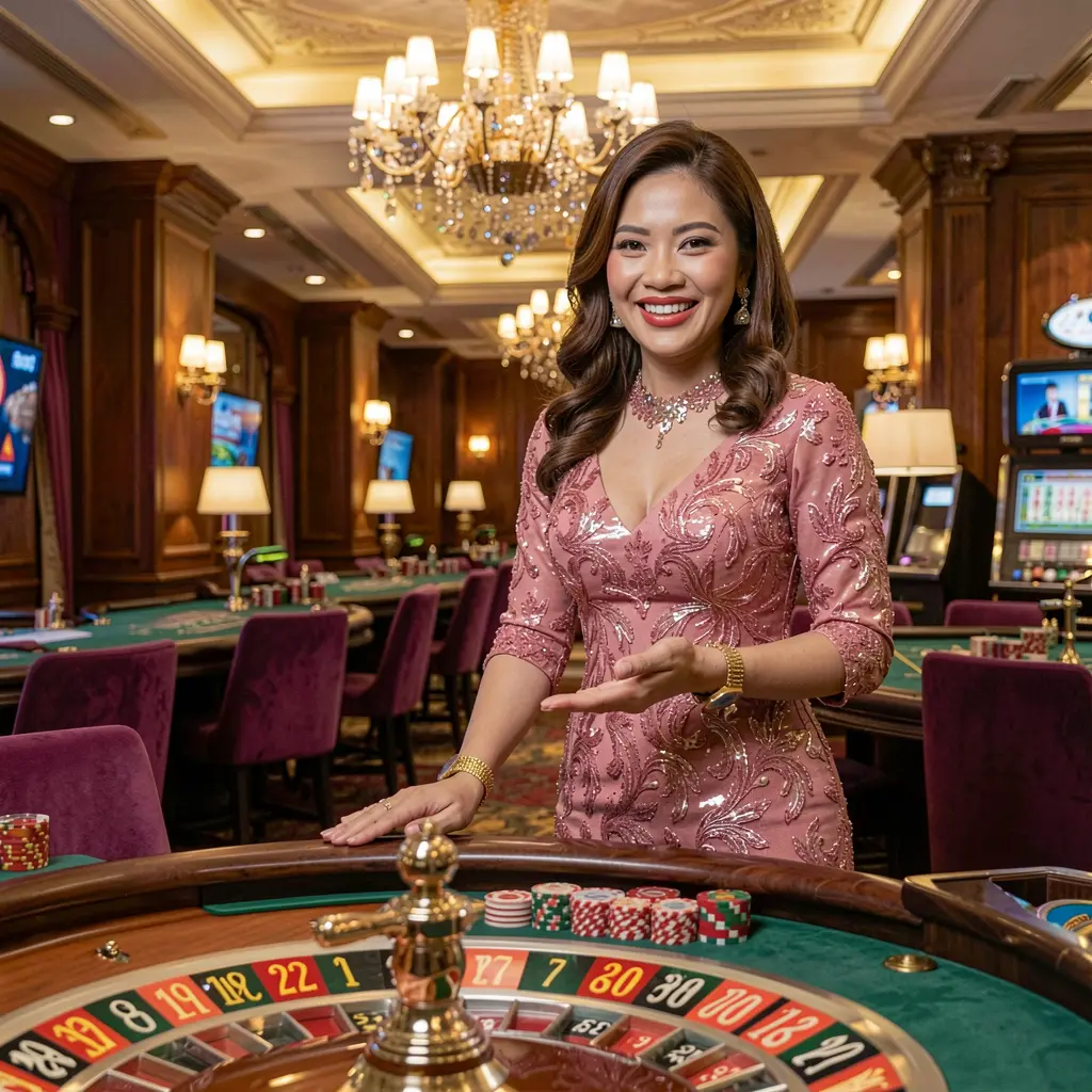 SINA666 – Step into a world of premium live casino entertainment in the Philippines Elegant casino hostess welcoming players at a roulette table with vibrant gaming visuals representing the luxury live casino experience at SINA666 for the Philippines