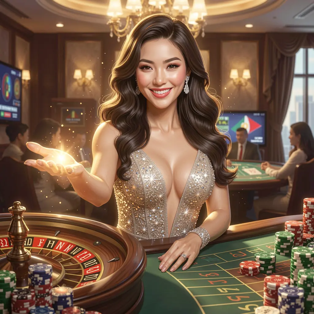 Elegant casino hostess surrounded by glowing roulette numbers and floating chips inviting players to log in to SINA666 in the Philippines