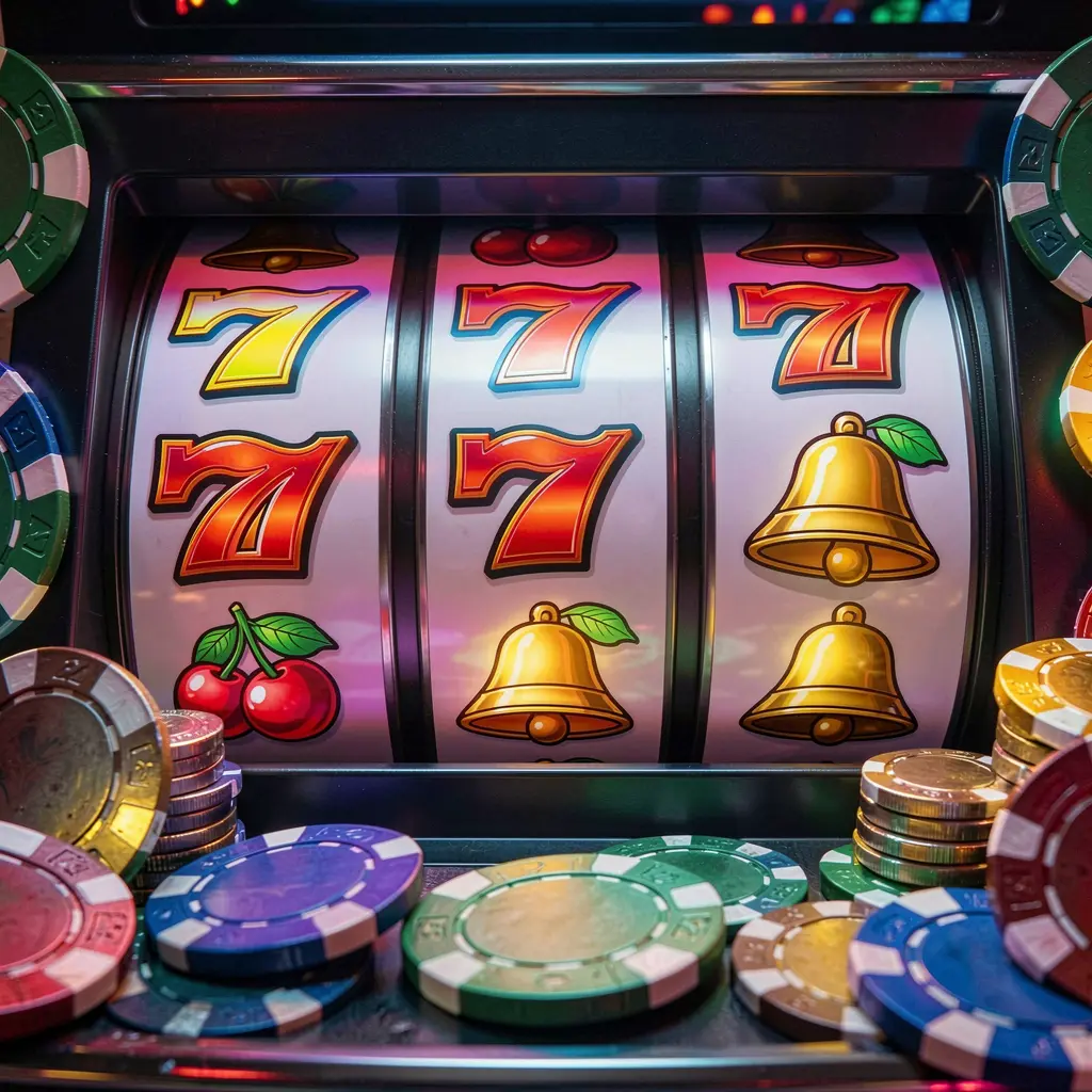 SINA666 – Experience classic slot excitement and big win moments in the Philippines Close-up view of a classic slot machine with triple seven symbols and scattered casino coins highlighting the premium slot gaming atmosphere at SINA666 for players in the Philippines
